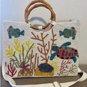 Viral White Beaded Ocean Motif Tote with Bamboo Handles